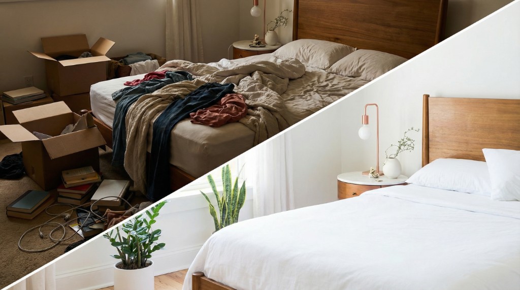 Transformacja sypialni - przed i po AI staging